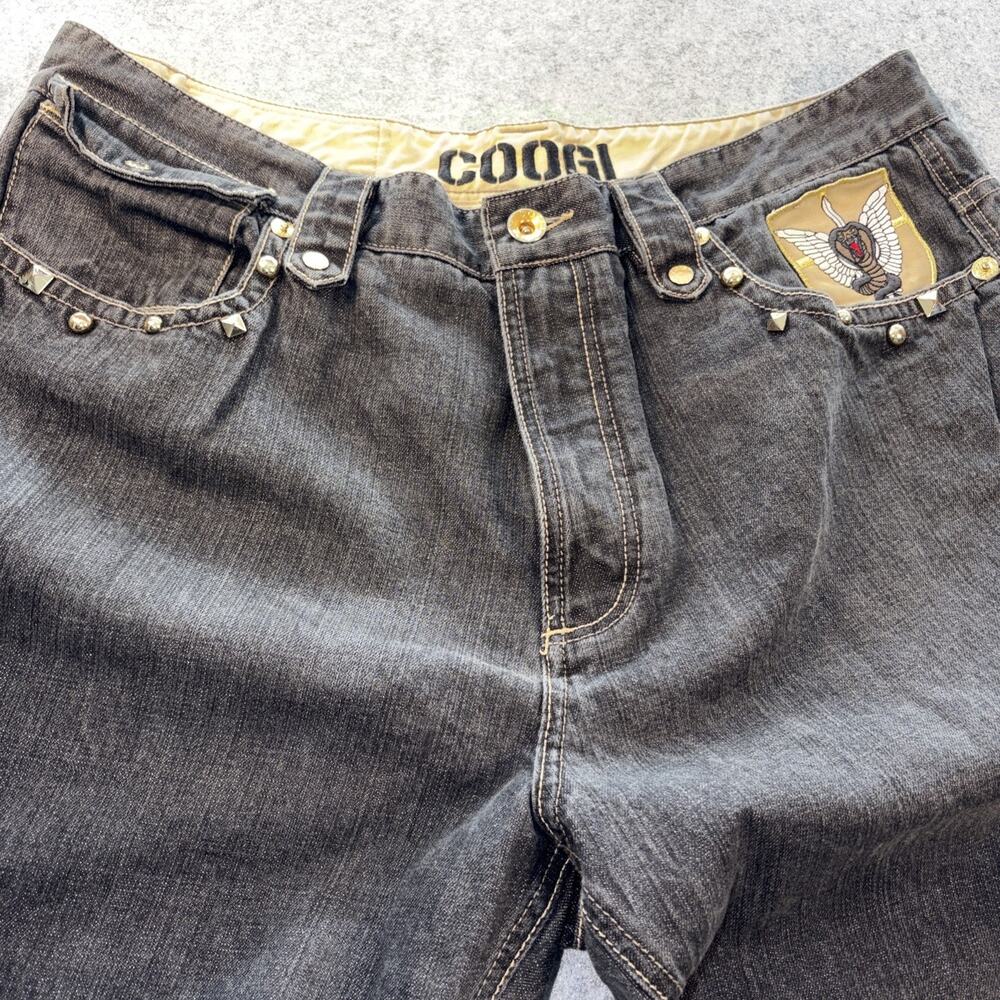 Coogi Jeans Mens 42x35 Black Denim Gold Studded Flap Pockets Patch Embroidered